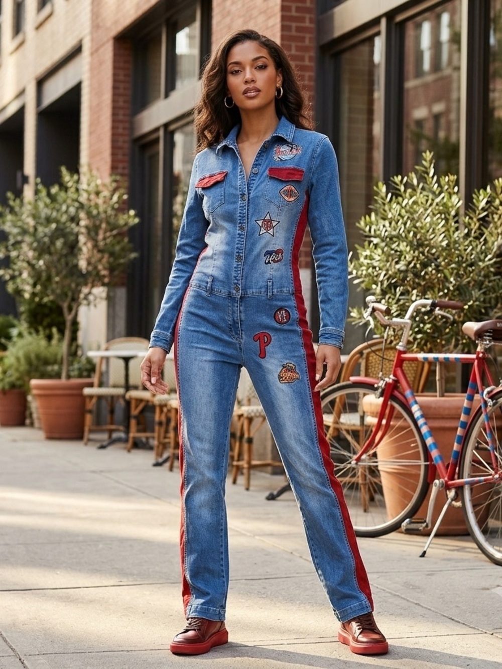 Vtg SOHO Sz L Basketball Theme Long Sleeve Red Blue Denim Jean Womens Jumpsuit